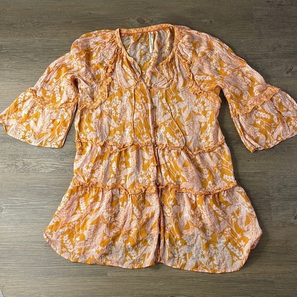Anthropologie Mia Tiered Ruffle Tunic, Orange and Cream Floral, Button Up sz Med - Picture 3 of 14